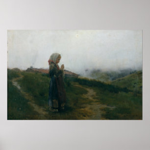 油絵若い女の子編み物風景風景 ポスター