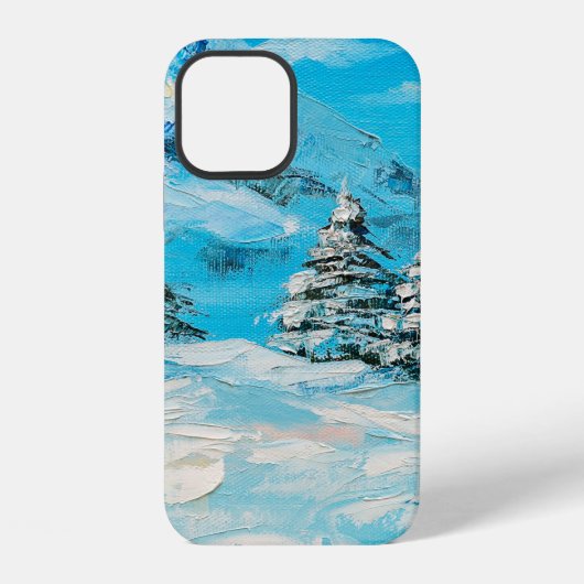 油絵、トウヒの冬の山の風景 iPhoneケース (裏面)