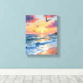 油絵 海岸のビーチの夕日 オーシャン ウェーブ キャンバスプリント (インサイチュ (ウッドフロア))