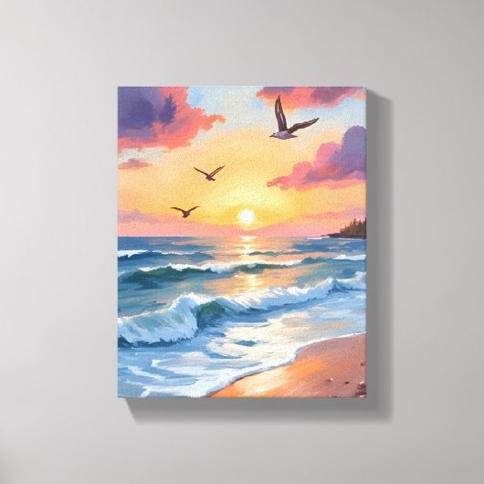 油絵 海岸のビーチの夕日 オーシャン ウェーブ キャンバスプリント (正面)