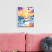 油絵 海岸のビーチの夕日 オーシャン ウェーブ キャンバスプリント (インサイチュ (リビング))