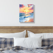 油絵 海岸のビーチの夕日 オーシャン ウェーブ キャンバスプリント (インサイチュ (寝室))
