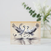 沼のツル二羽の求愛の踊り中国の ポストカード (スタンド正面)