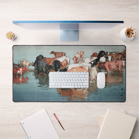 沼崎牧場の昼，牛，吉田博，ウッドカット デスクマット (オフィス1)