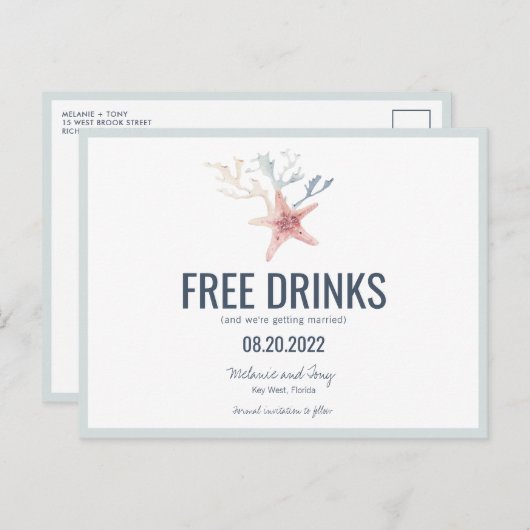 沿岸おもしろいビーチ結婚式の日付の保存 案内ポストカード (正面/裏面)