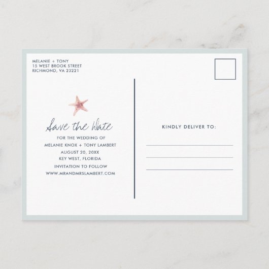 沿岸おもしろいビーチ結婚式の日付の保存 案内ポストカード (裏面)