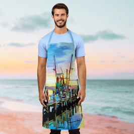 沿岸のエビのボートでサンセットパインタリー エプロン