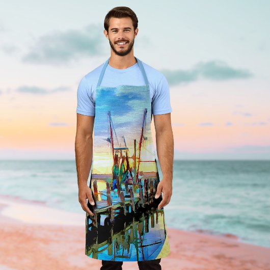 沿岸のエビのボートでサンセットパインタリー エプロン