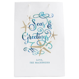 沿岸のクリスマスの海とグリーティングヒトデの名前 ミディアムペーパーバッグ