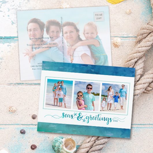 沿岸のクリスマスの海と挨拶4枚の写真 シーズンポストカード