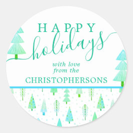 沿岸のクリスマスツリー HAPPY HOLIDAYS スクリプト ラウンドシール