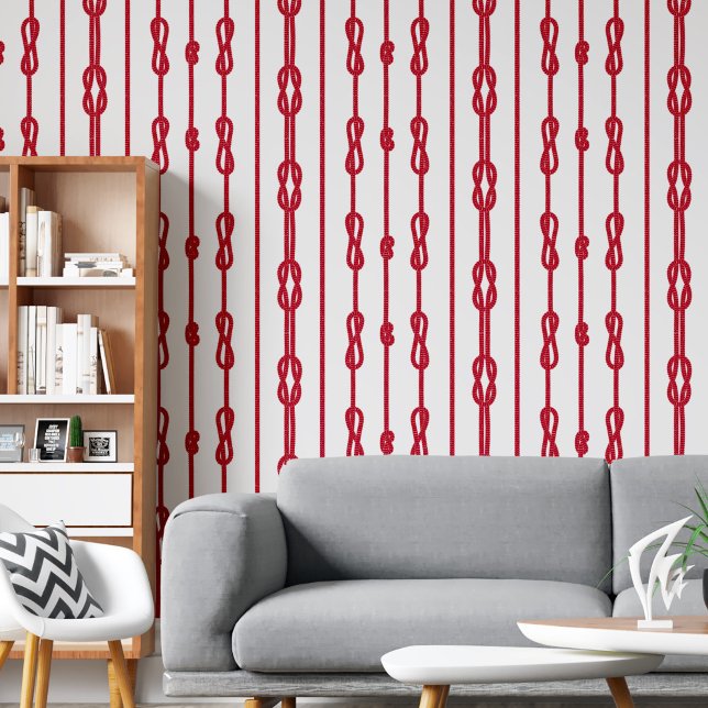 沿岸のシックな赤いロープとセーラーズノットプリント 壁紙 (Coastal chic Red rope and sailor's knots print Wallpaper)