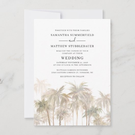 沿岸のパームモダンの木の水結婚色 招待状 (正面)