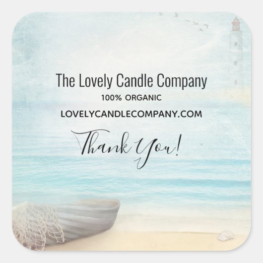 沿岸のビーチシーンと魚釣りボート事業 スクエアシール (正面)