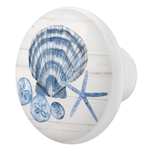 沿岸のビーチヒトスターフィッシュシーシェルズブルーホワイトウッド セラミックノブ (右)