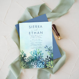 沿岸のビーチ　オーシャンブルー　サンゴ　モダンウェディング 招待状