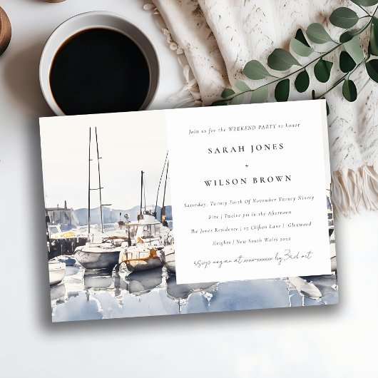 沿岸のボートが港で週末パーティー 招待状