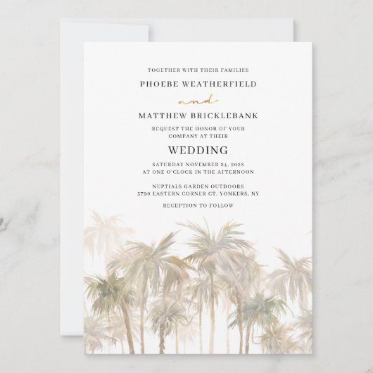 沿岸のヤシの木のモダン目的地の結婚式 招待状 (正面)