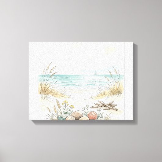 沿岸の夏の静けさ - 手描きのビーチの貝殻  キャンバスプリント (正面)
