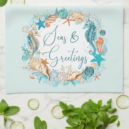 沿岸の海とグリーティングシーホースのシェル キッチンタオル (折り畳み)