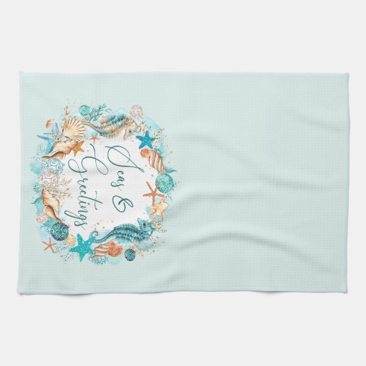 沿岸の海とグリーティングシーホースのシェル キッチンタオル (横)