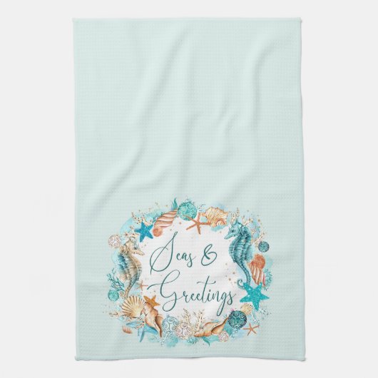 沿岸の海とグリーティングシーホースのシェル キッチンタオル (縦)
