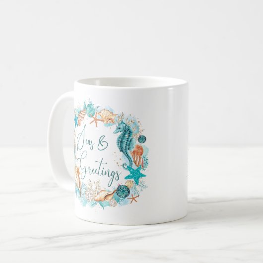 沿岸の海とグリーティングシーホースのシェル コーヒーマグカップ (正面左)