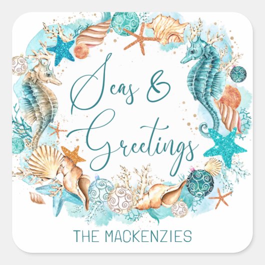 沿岸の海とグリーティングシーホースのシェル スクエアシール (正面)