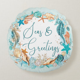 沿岸の海とグリーティングシーホースのシェル ラウンドクッション