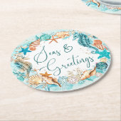 沿岸の海とグリーティングシーホースのシェル ラウンドペーパーコースター (アングル)