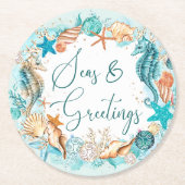 沿岸の海とグリーティングシーホースのシェル ラウンドペーパーコースター (正面)