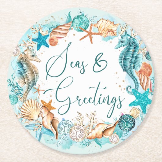 沿岸の海とグリーティングシーホースのシェル ラウンドペーパーコースター (正面)