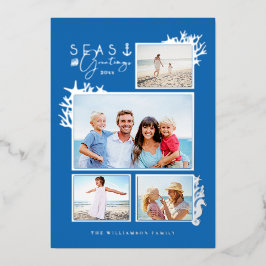 沿岸の海とグリーティングブルー海フォトフレーム 箔シーズンカード