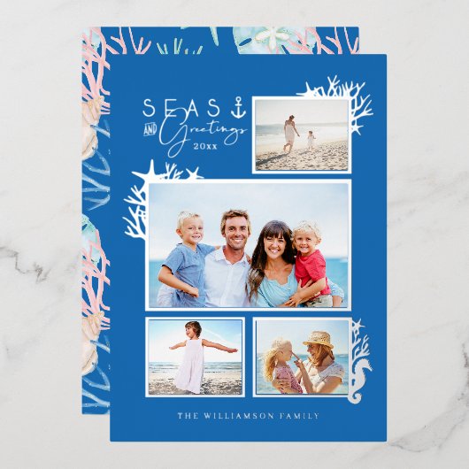 沿岸の海とグリーティングブルー海フォトフレーム 箔シーズンカード (正面/裏面)