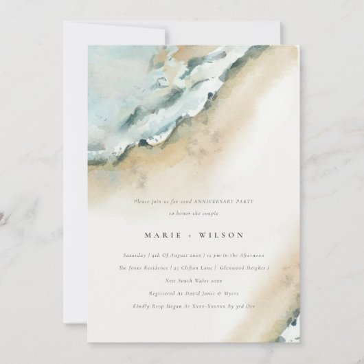 沿岸の海の波の砂のビーチ任意の年の記念日 招待状 (正面)