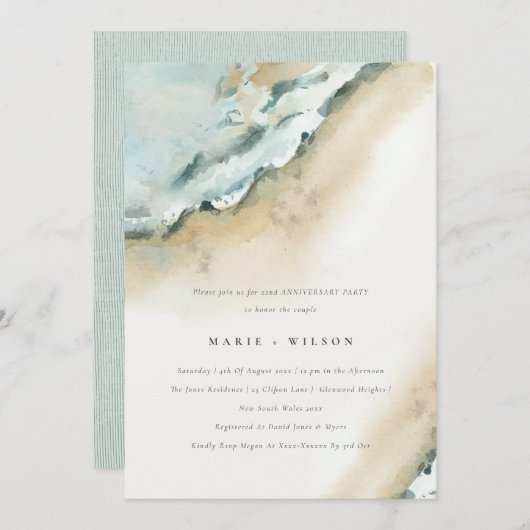 沿岸の海の波の砂のビーチ任意の年の記念日 招待状 (正面/裏面)