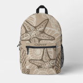 沿岸の海洋生物ヒトデとベージュの貝殻 プリントバックパック (正面)