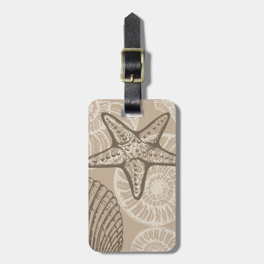 沿岸の海洋生物ヒトデとベージュの貝殻 ラゲッジタグ (正面縦)