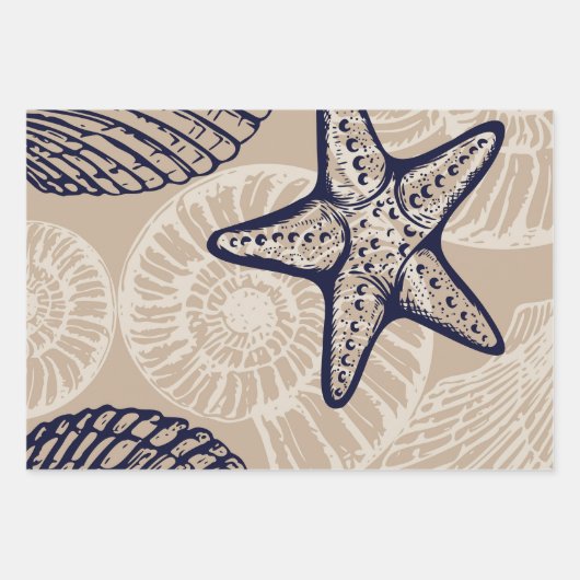 沿岸の海洋生物ヒトデとベージュの貝殻 ラッピングペーパーシート (正面3)