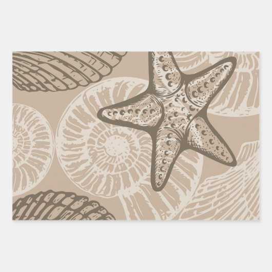 沿岸の海洋生物ヒトデとベージュの貝殻 ラッピングペーパーシート (正面)