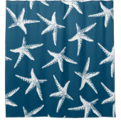 沿岸の白いヒトデとネイビーブルー シャワーカーテン (正面)