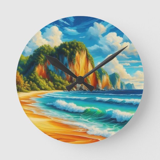 沿岸の穏やか威厳のあるな岸壁と穏やかな海岸 ラウンド壁時計 (正面)