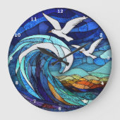 沿岸の空ステンドグラス海シーガル海 ラージ壁時計 (正面)