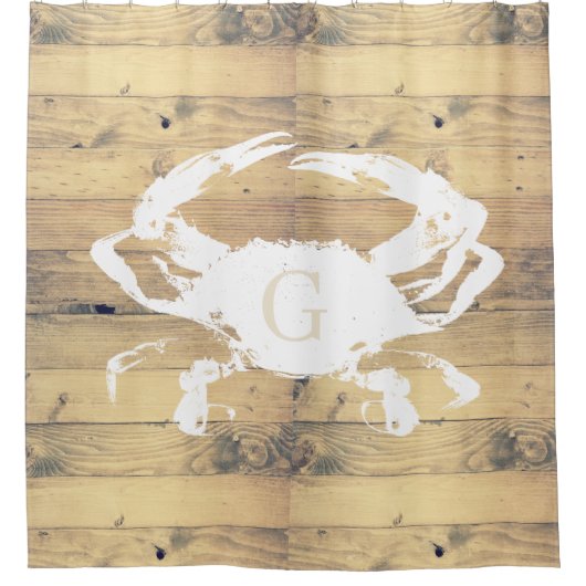 沿岸の素朴木の板ホワイトカニ |モノグラム シャワーカーテン (正面)