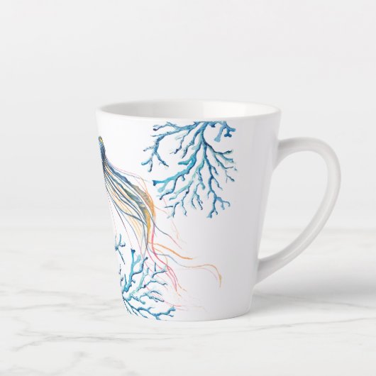 沿岸の青いクラゲと海のサンゴの水色 カフェラテマグ (右)