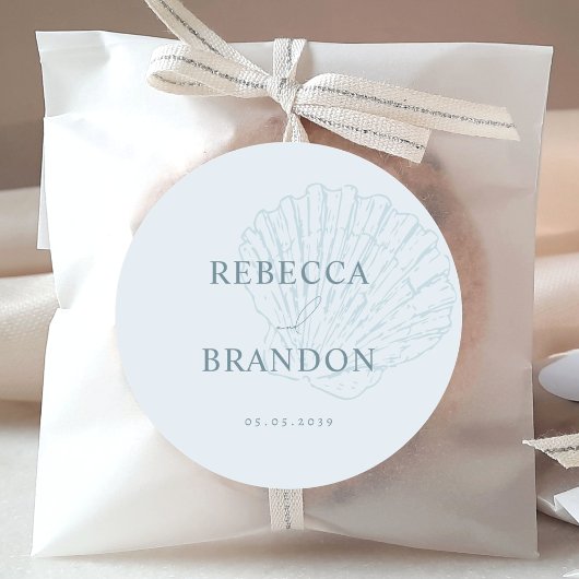 沿岸の青い手描きの貝殻 ウェディング フェイバー ラウンドシール