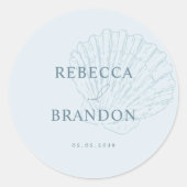 沿岸の青い手描きの貝殻 ウェディング フェイバー ラウンドシール (正面)