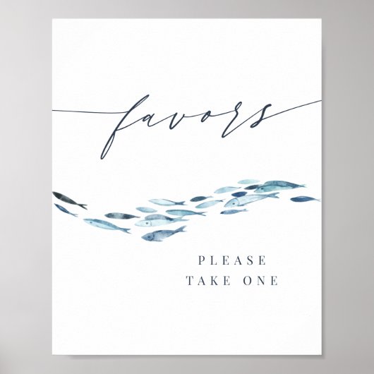 沿岸の青い水色の魚結婚式の引き出物標識 ポスター (正面)