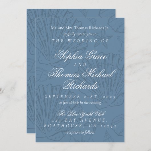 沿岸の青い貝殻をテーマにしたデスティネーションウェディング 招待状 (正面/裏面)