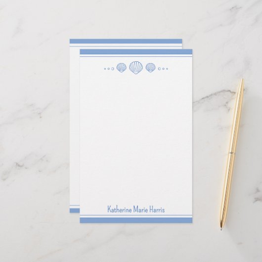 沿岸の青とホタテの貝殻パーソナライズされた 便箋 (正面/裏面インサイチュ)